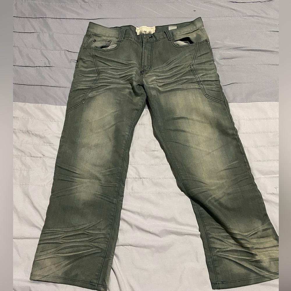 Green and black straight leg jeans
